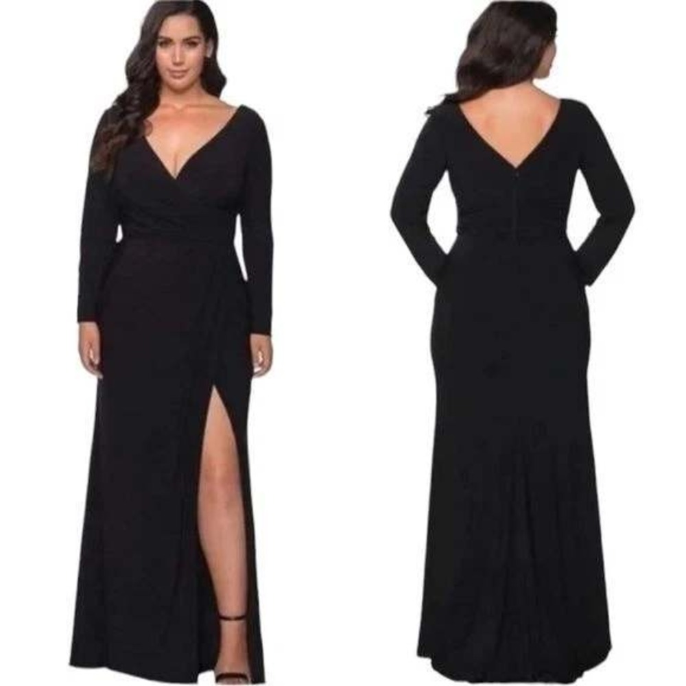 La Femme Gown Sz 16 Black Ruched Jersey Column Slit Formal Gala MOB Event
